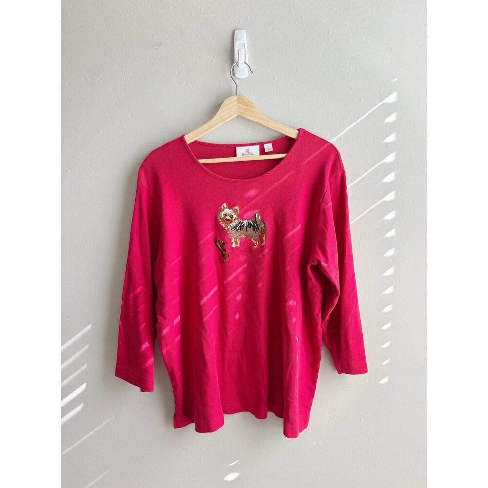 Quaker factory Vintage Dog Yorkie Red Long Sleeve Sweater Shirt Size XL